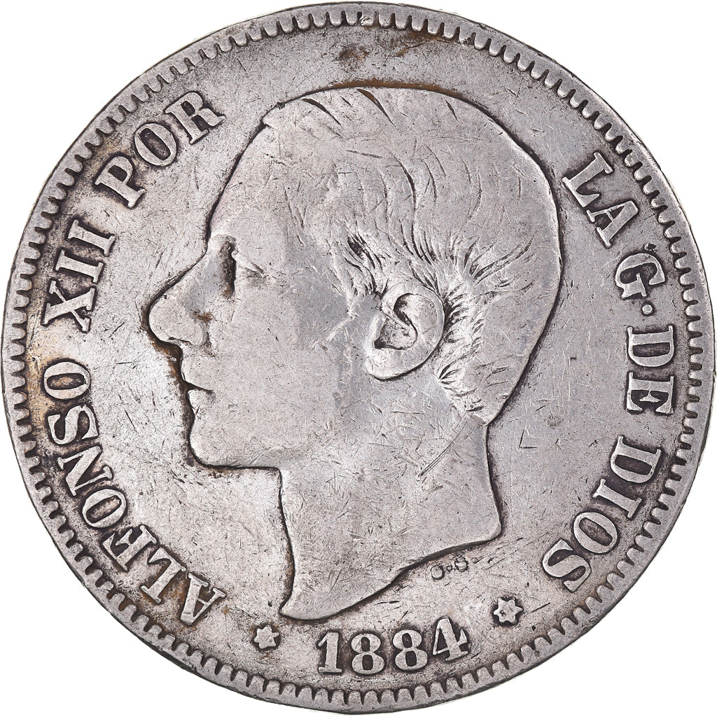 Moneda, España, Alfonso XII, 5 Pesetas, 1884, Madrid, BC+, Plata, KM:688