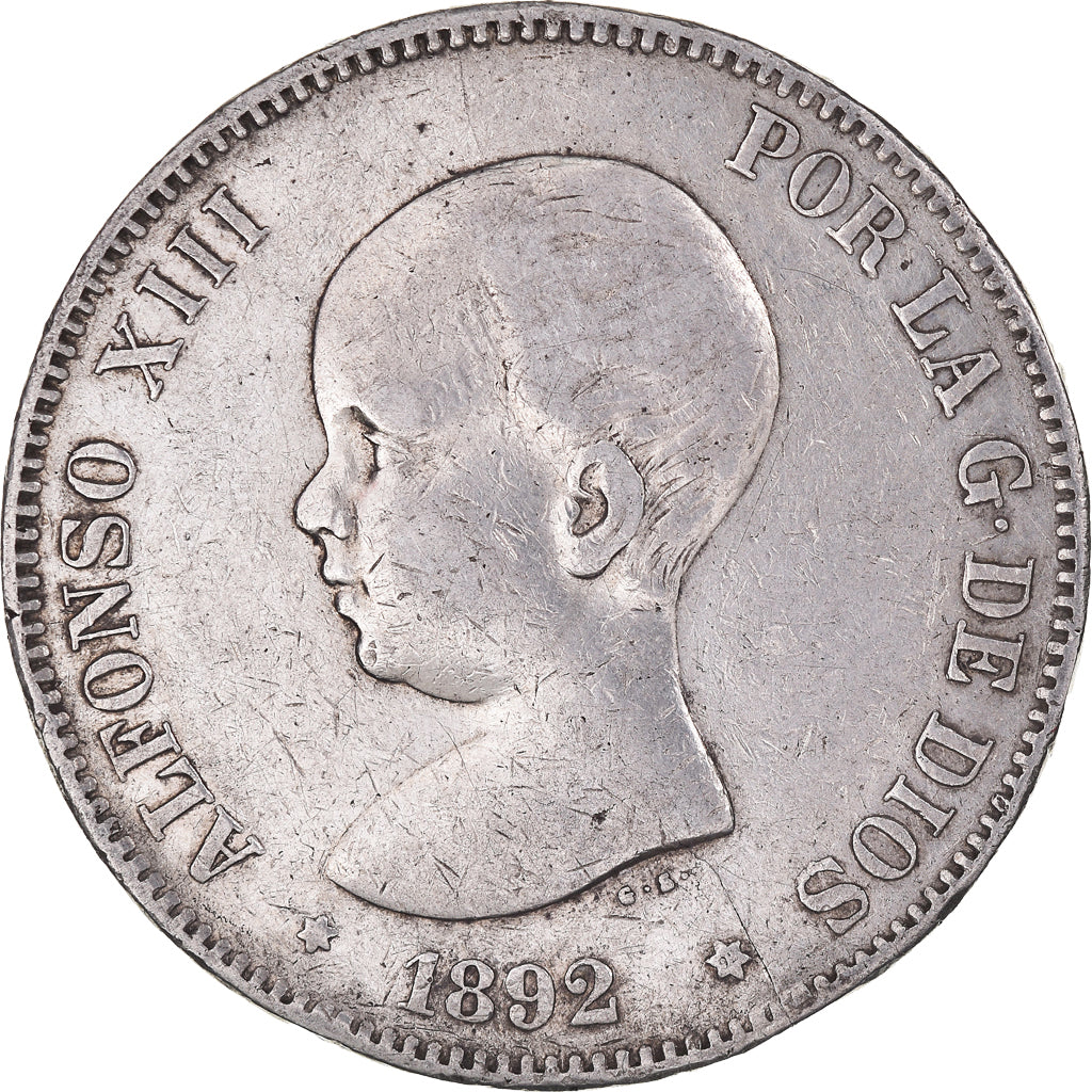 Coin, Spain, Alfonso XIII, 5 Pesetas, 1892, VF(30-35), Silver, KM:689