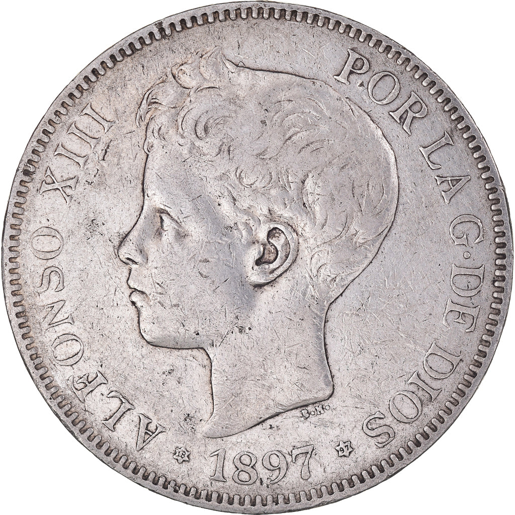 Münze, Spanien, Alfonso XIII, 5 Pesetas, 1897, Madrid, S+, Silber, KM:707