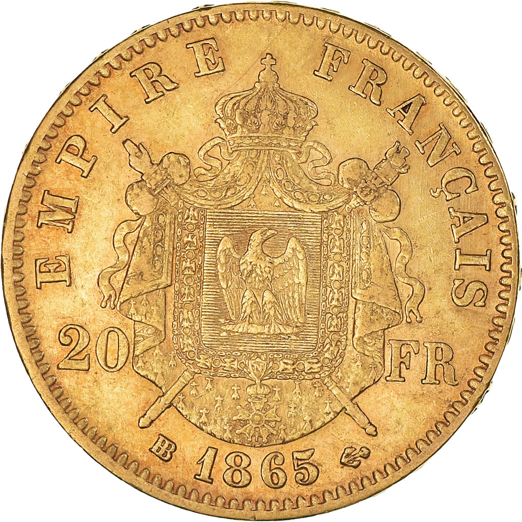 Coin, France, Napoleon III, 20 Francs, 1865, Strasbourg, AU(50-53), Gold