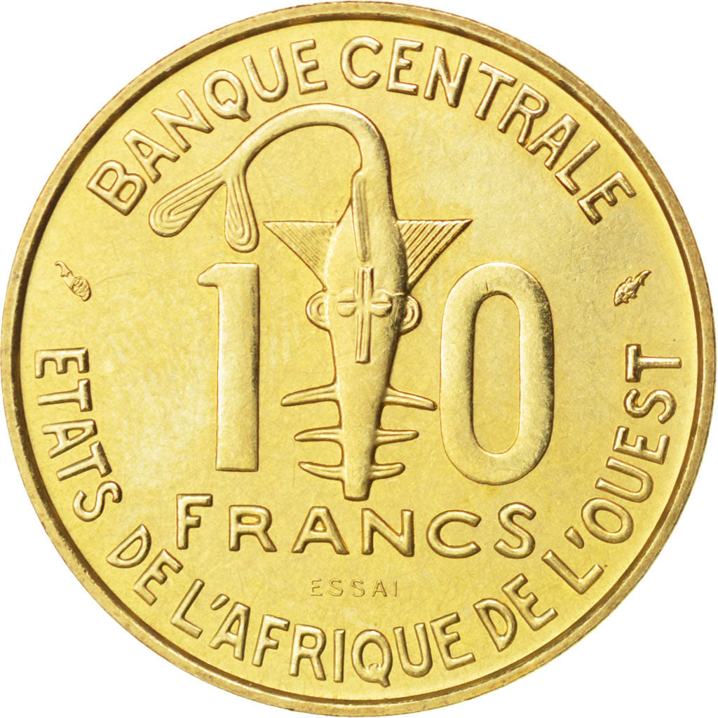 Coin, West African States, 10 Francs, 1981, MS(60-62), Brass, KM:E12