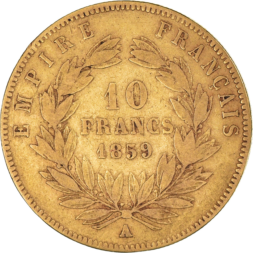 Moneda, Francia, Napoleon III, 10 Francs, 1859, Paris, BC+, Oro, KM:784.3