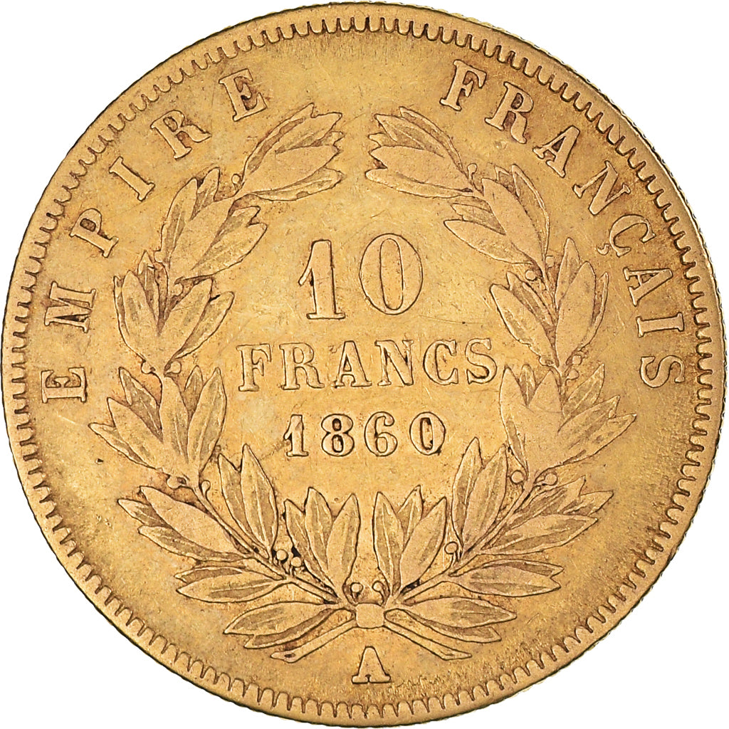 Moneda, Francia, Napoleon III, 10 Francs, 1860, Paris, BC+, Oro, KM:784.3