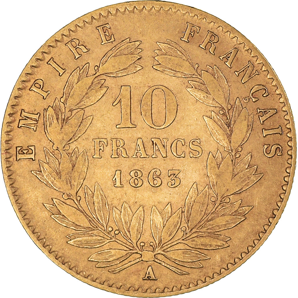 Moneta, Francia, Napoleon III, 10 Francs, 1863, Paris, MB+, Oro, KM:800.1