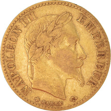 Moneda, Francia, Napoleon III, 10 Francs, 1866, Strasbourg, BC+, Oro, KM:800.1
