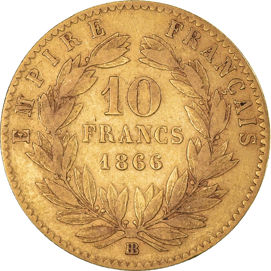 Moneda, Francia, Napoleon III, 10 Francs, 1866, Strasbourg, BC+, Oro, KM:800.1