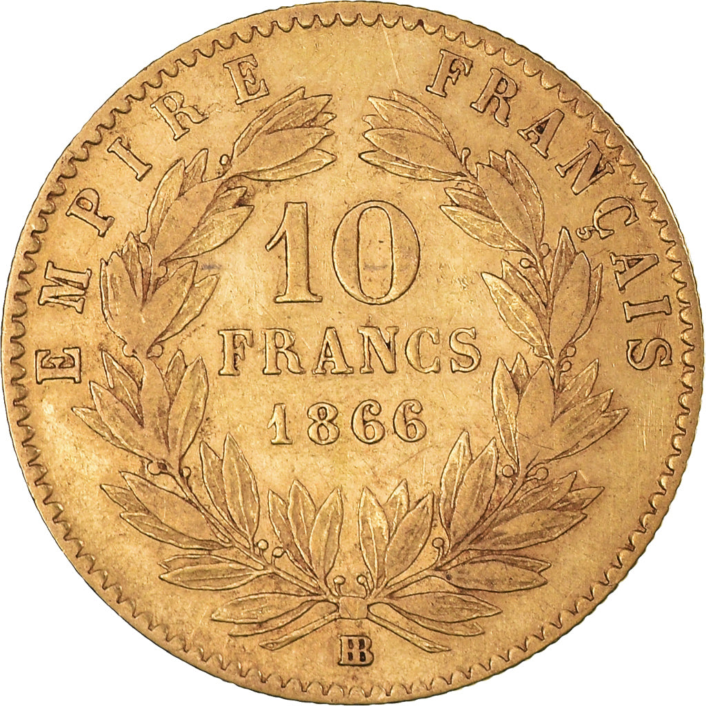 Moeda, França, Napoleon III, 10 Francs, 1866, Strasbourg, VF(30-35), Dourado