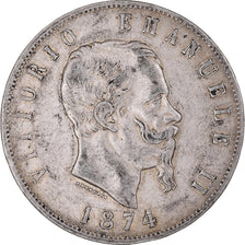 Coin, Italy, Vittorio Emanuele II, 5 Lire, 1874, Milan, EF(40-45), Silver