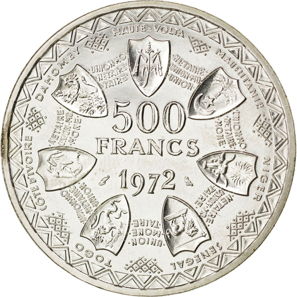 Coin, West African States, 500 Francs, 1972, MS(63), Silver, KM:E7