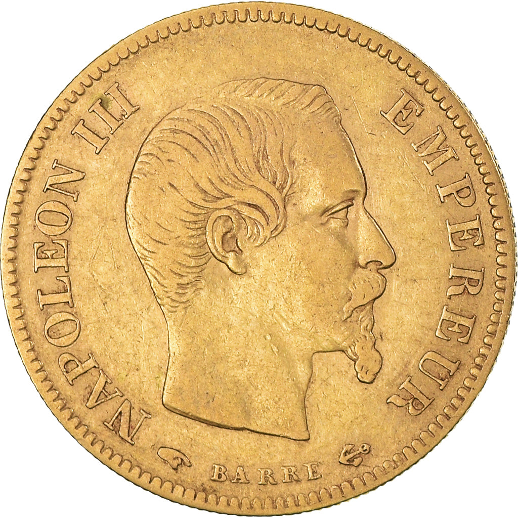 Moneda, Francia, Napoleon III, 10 Francs, 1855, Paris, BC+, Oro, KM:784.3