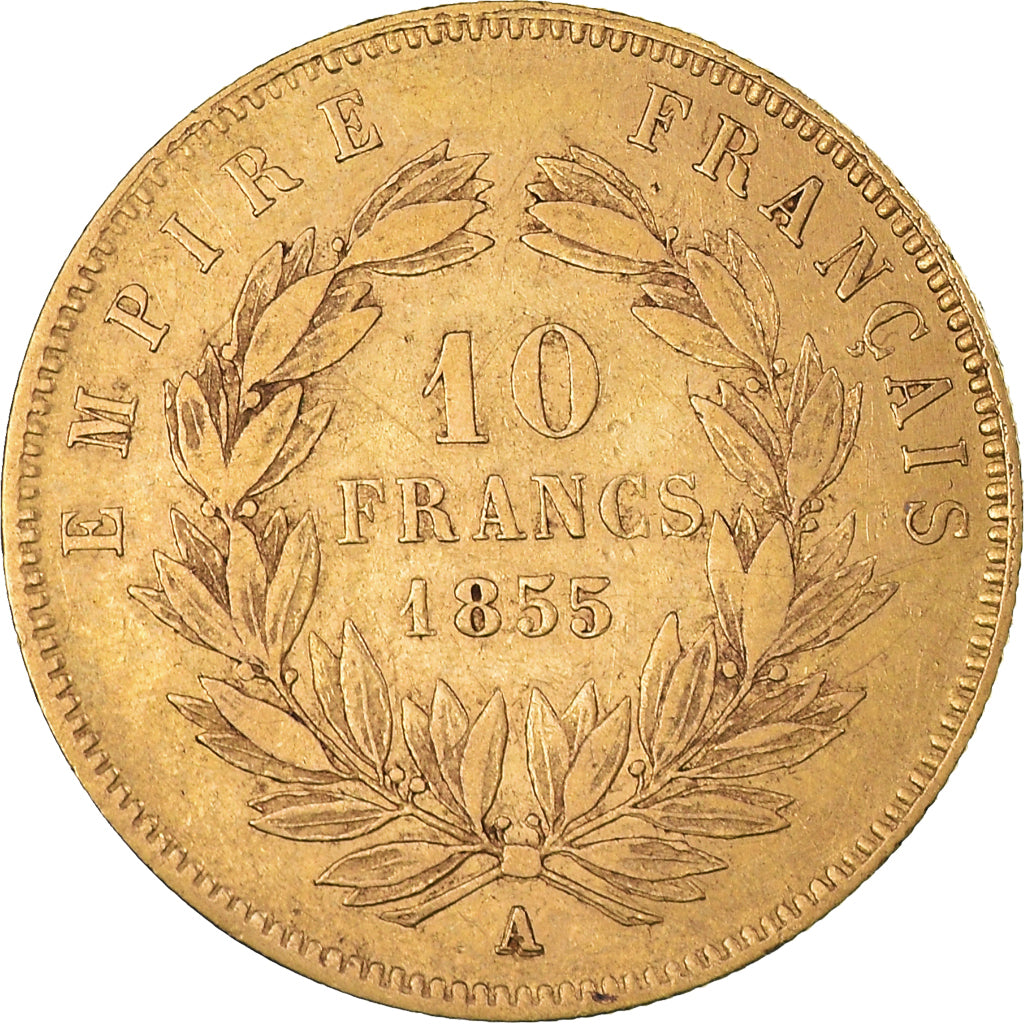 Moneda, Francia, Napoleon III, 10 Francs, 1855, Paris, BC+, Oro, KM:784.3