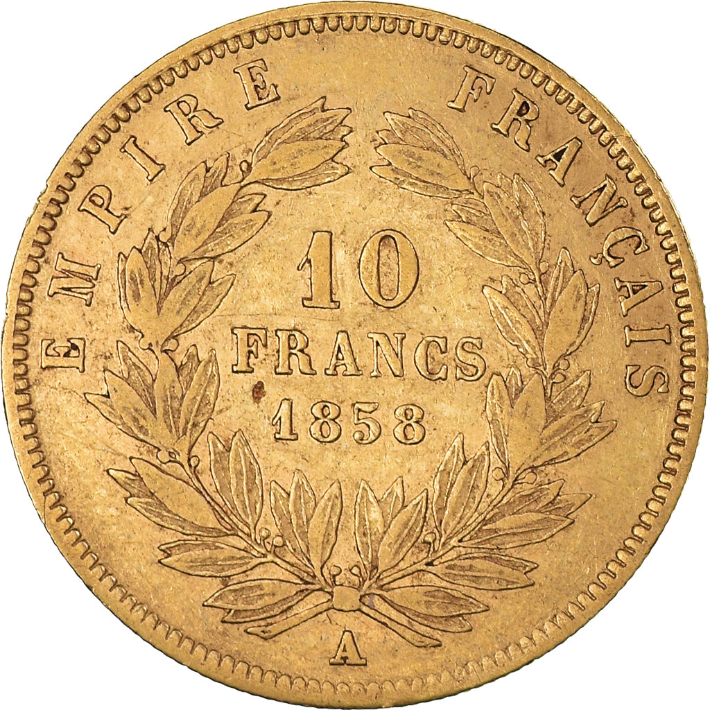Münze, Frankreich, Napoleon III, 10 Francs, 1858, Paris, S+, Gold, KM:784.3