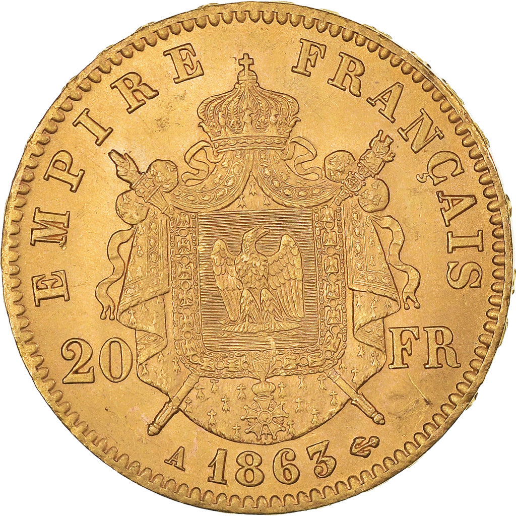 Moneta, Francja, Napoleon III, 20 Francs, 1863, Paris, MS(60-62), Złoto