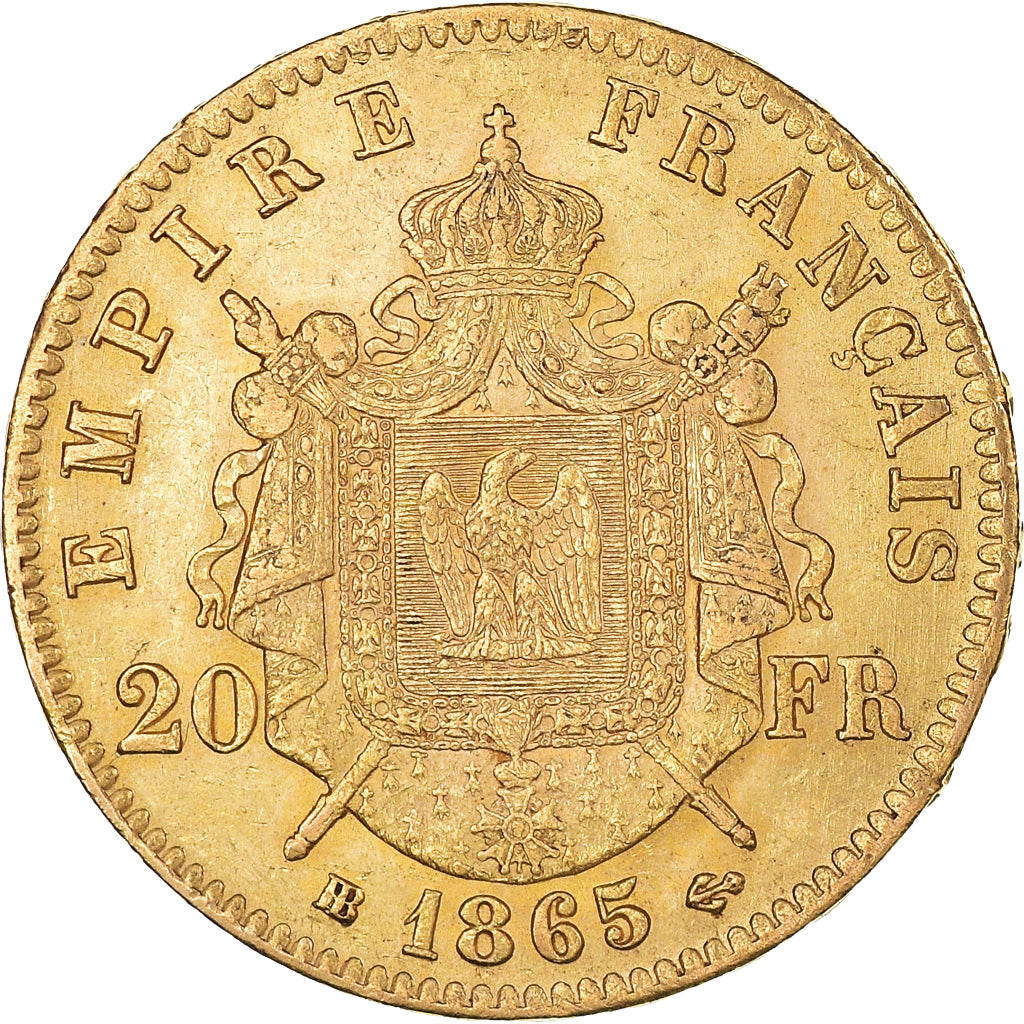 Munten, Frankrijk, Napoleon III, 20 Francs, 1865, Strasbourg, ZF+, Goud