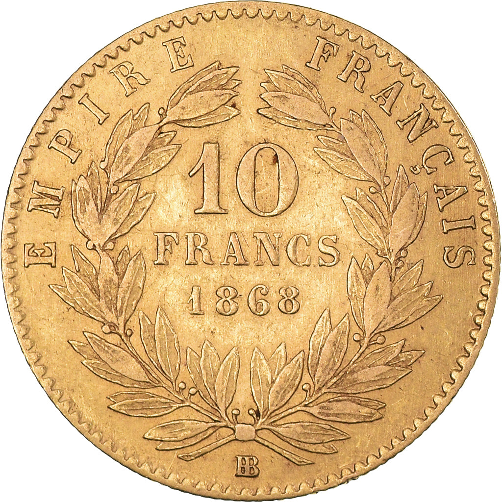 Munten, Frankrijk, Napoleon III, 10 Francs, 1868, Strasbourg, ZF, Goud