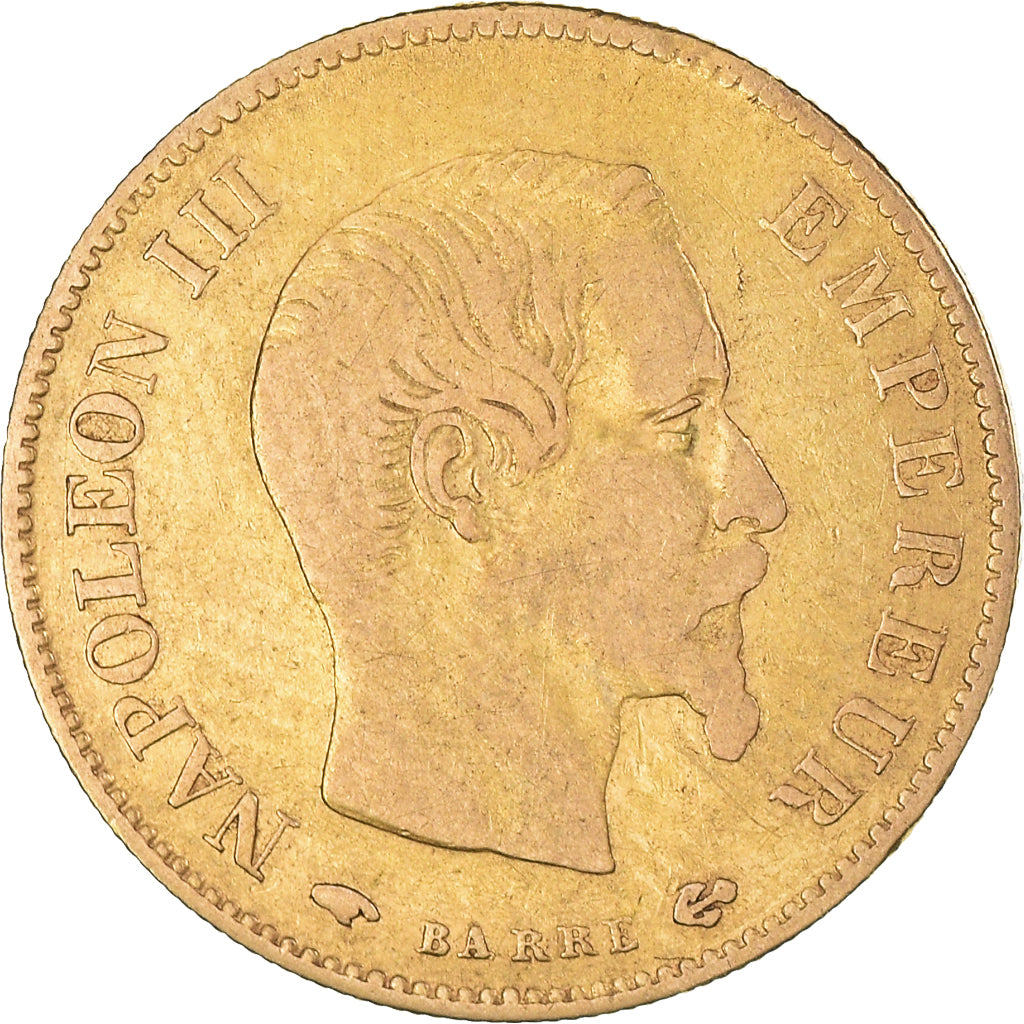 Moneda, Francia, Napoleon III, 10 Francs, 1858, Paris, BC+, Oro, KM:784.3