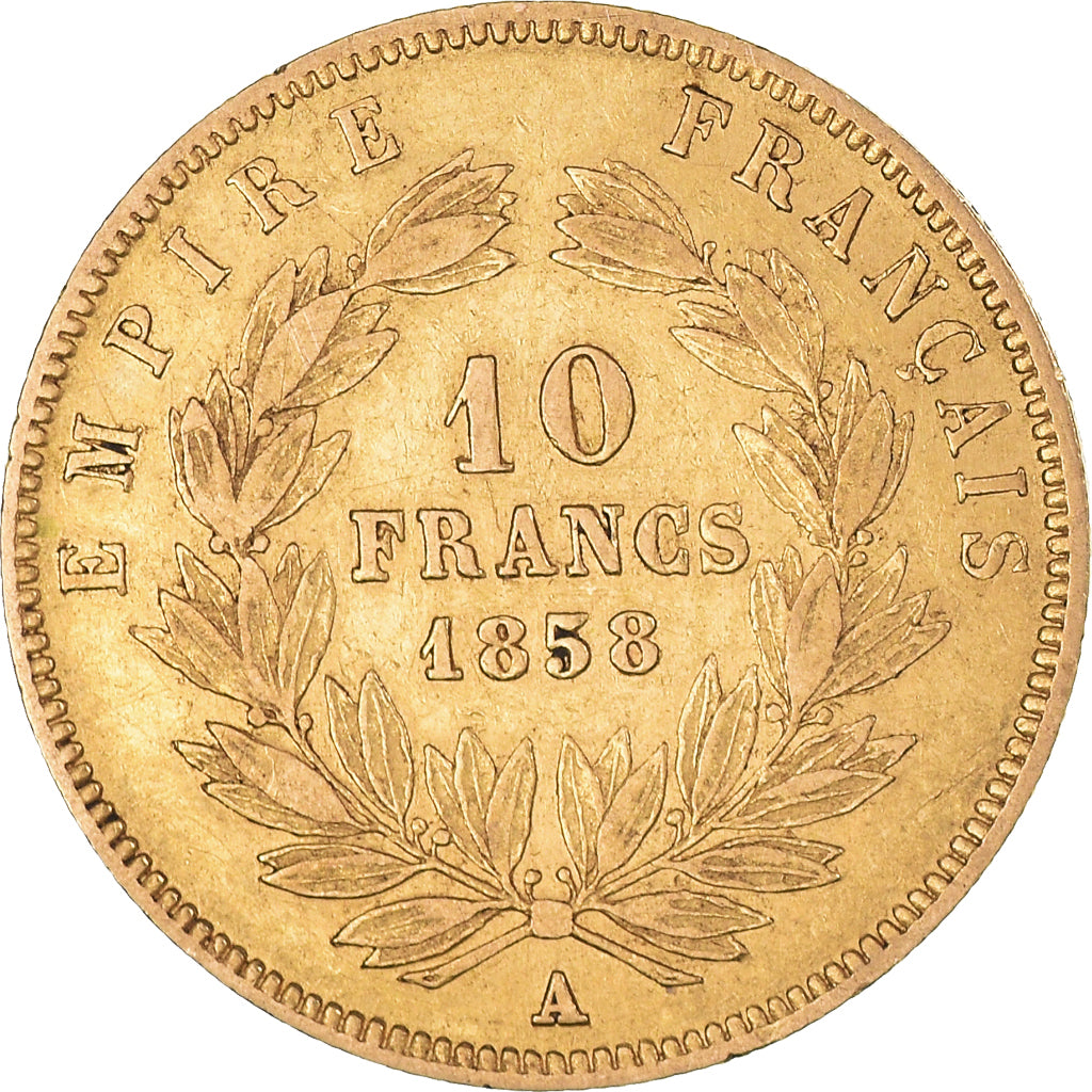 Moneda, Francia, Napoleon III, 10 Francs, 1858, Paris, BC+, Oro, KM:784.3