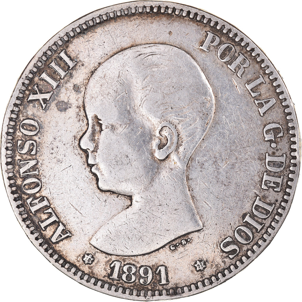 Monnaie, Espagne, Alfonso XIII, 5 Pesetas, 1891, Madrid, TB+, Argent, KM:689