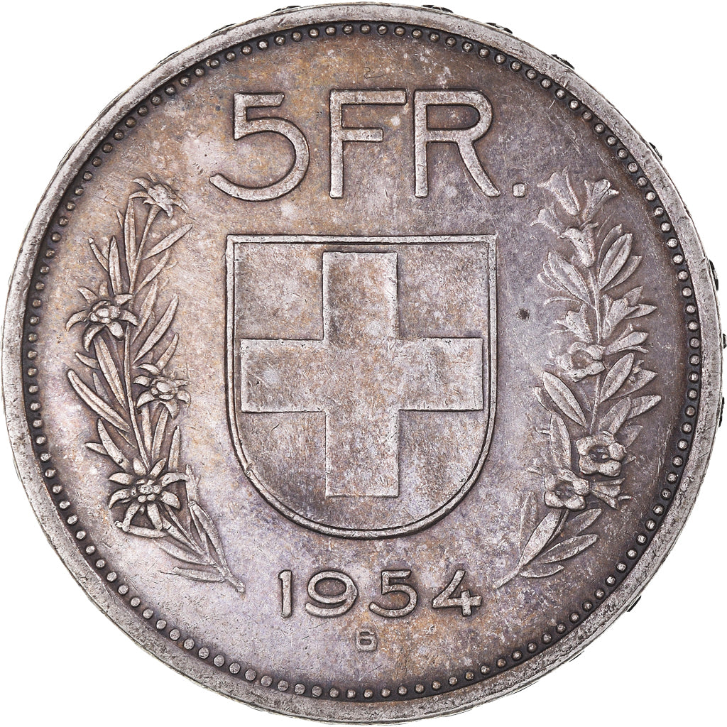 Coin, Switzerland, 5 Francs, 1954, Bern, EF(40-45), Silver, KM:40