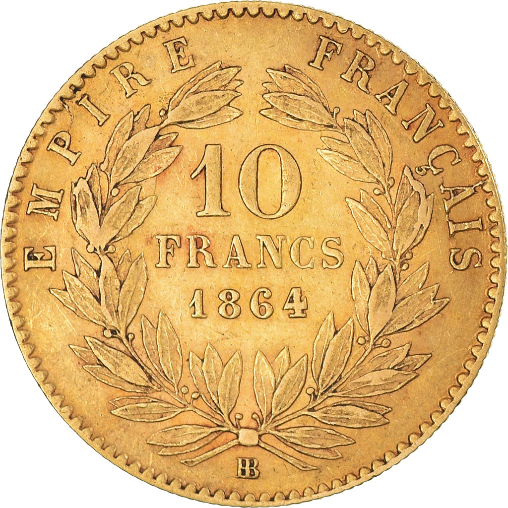 Moeda, França, Napoleon III, 10 Francs, 1864, Strasbourg, EF(40-45), Dourado
