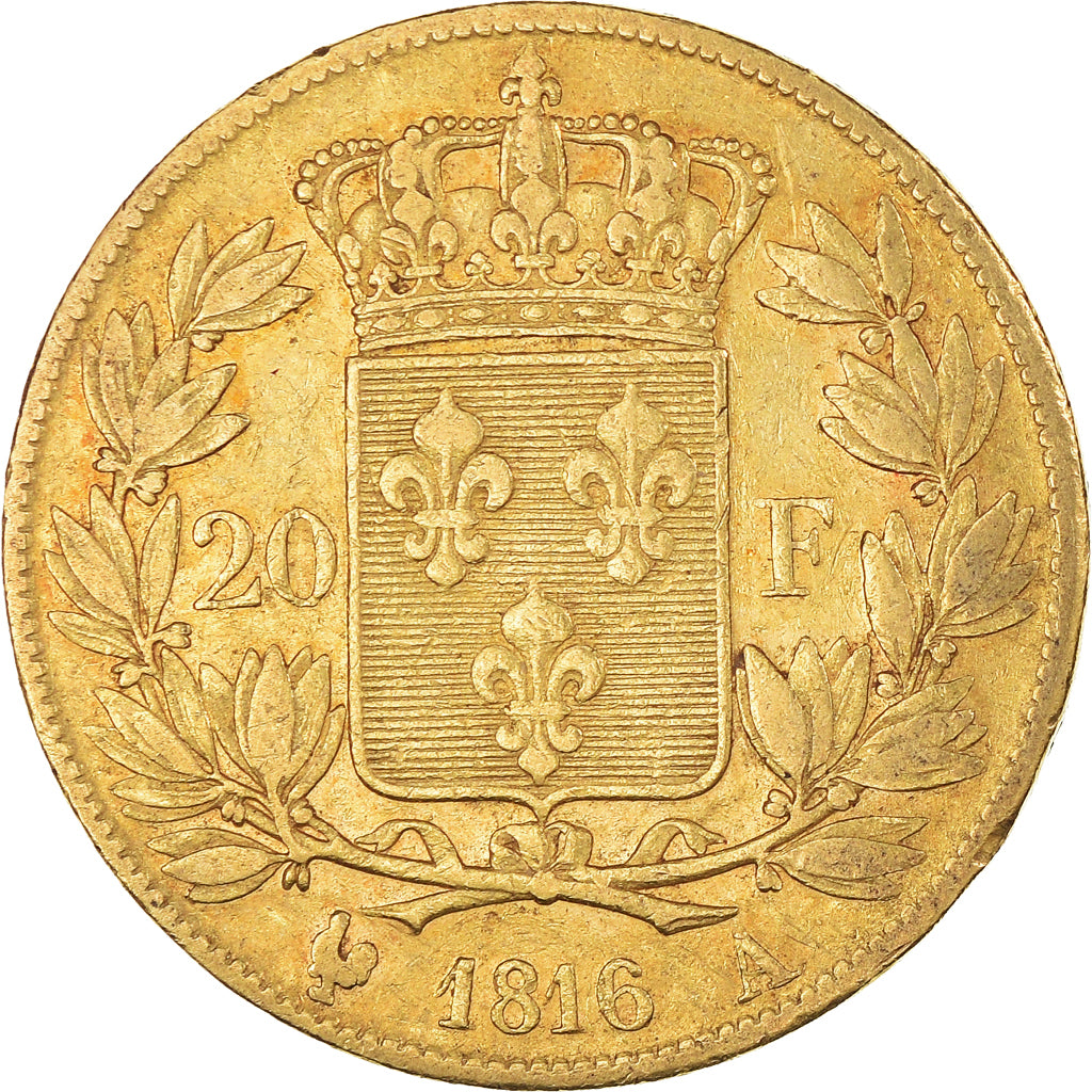 Moneta, Francia, Louis XVIII, 20 Francs, 1816, Paris, MB, Oro, KM:712.1