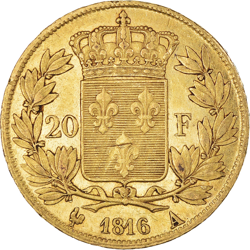 Moeda, França, Louis XVIII, 20 Francs, 1816, Paris, EF(40-45), Dourado