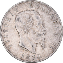 Coin, Italy, Vittorio Emanuele II, 5 Lire, 1870, Milan, EF(40-45), Silver