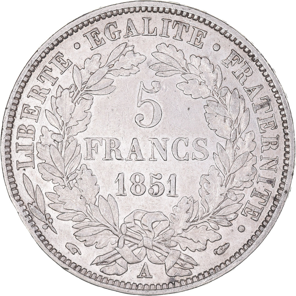 Moneda, Francia, Cérès, 5 Francs, 1851, Paris, MBC+, Plata, KM:761.1