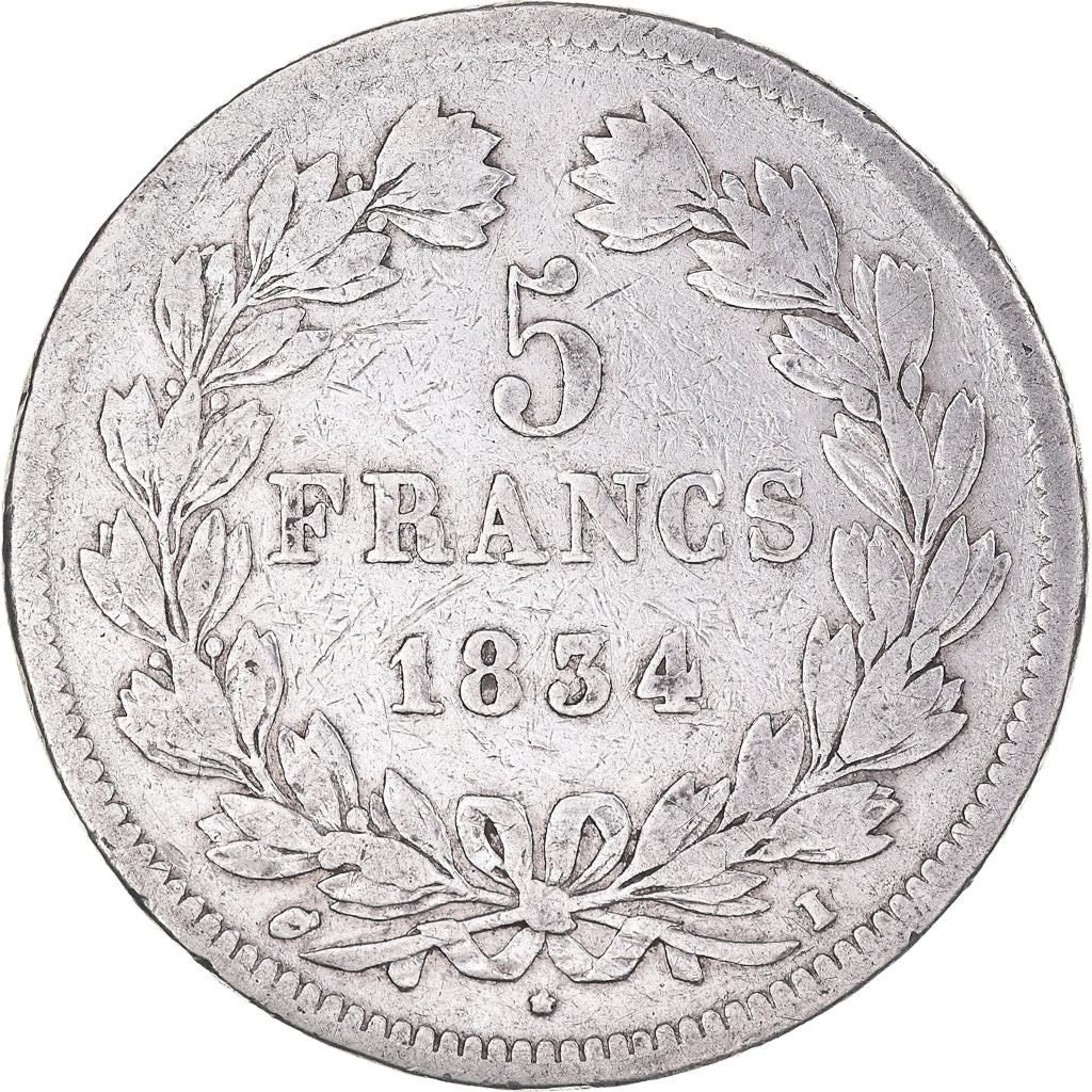 Moneta, Francia, Louis-Philippe, 5 Francs, 1834, Limoges, MB, Argento, KM:749.6