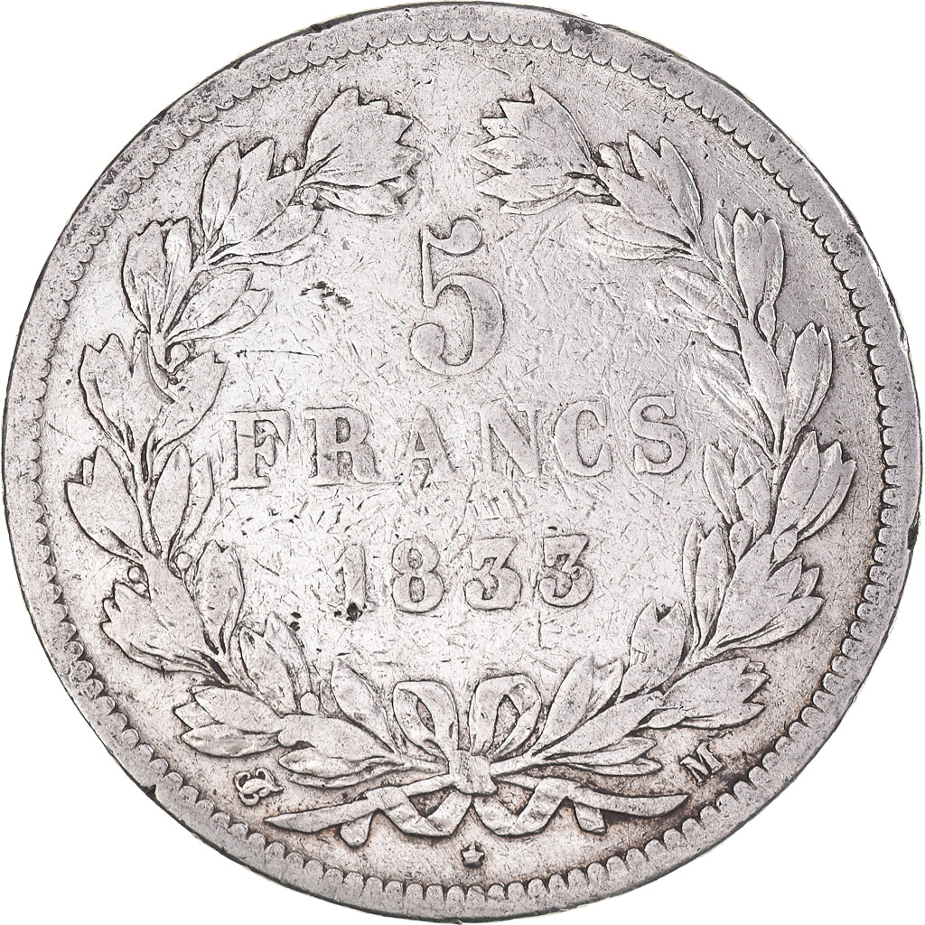 Moneda, Francia, Louis-Philippe, 5 Francs, 1833, Toulouse, BC+, Plata, KM:749.9