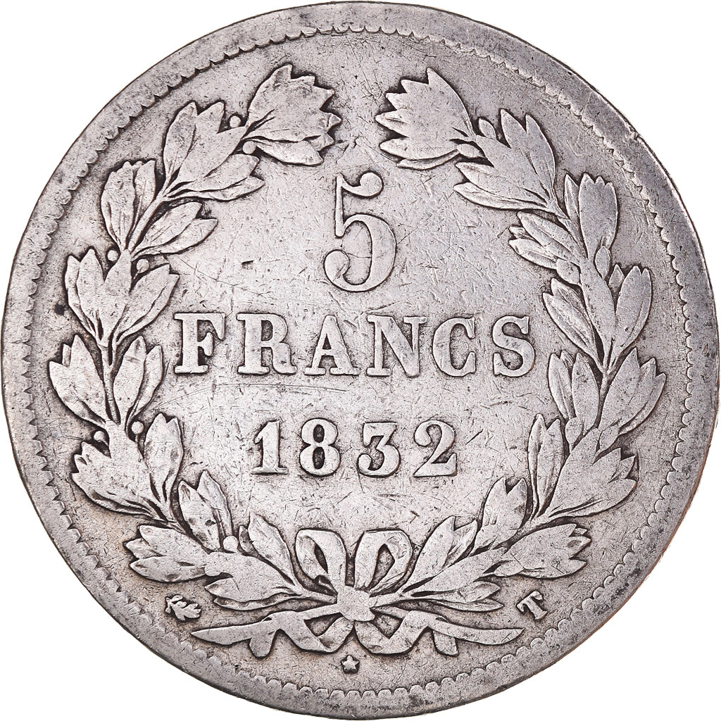 Moneta, Francia, Louis-Philippe, 5 Francs, 1832, Nantes, MB, Argento, KM:749.12