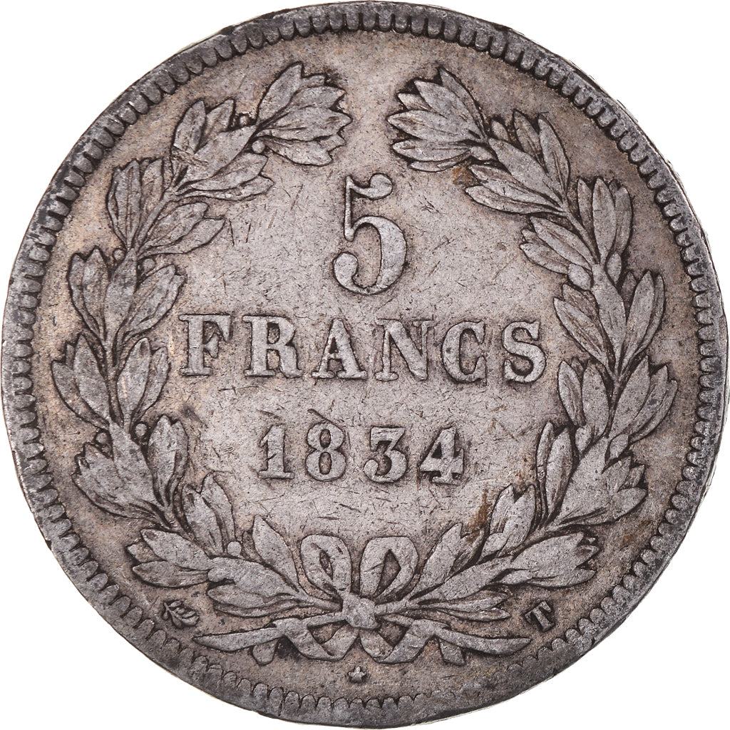Coin, France, Louis-Philippe, 5 Francs, 1834, Nantes, VF(20-25), Silver