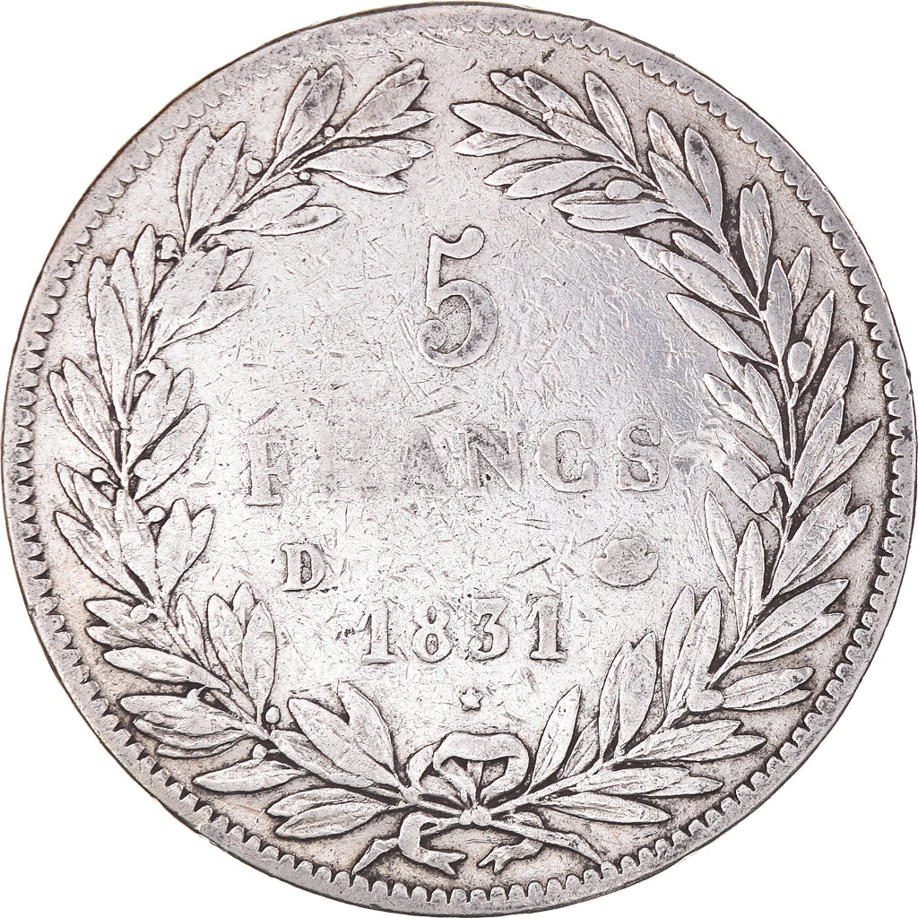 Coin, France, Louis-Philippe, 5 Francs, 1831, Lyon, VF(20-25), Silver, KM:735.4