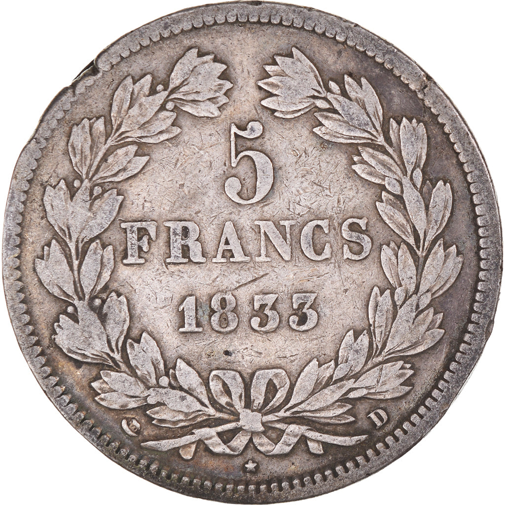 Coin, France, Louis-Philippe, 5 Francs, 1833, Lyon, VF(20-25), Silver, KM:749.4