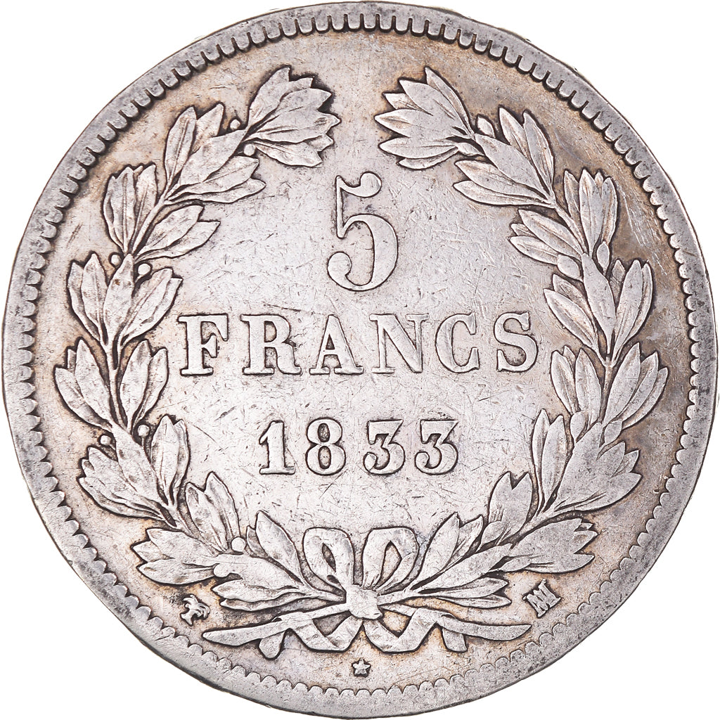 Moneta, Francia, Louis-Philippe, 5 Francs, 1833, Marseille, MB, Argento