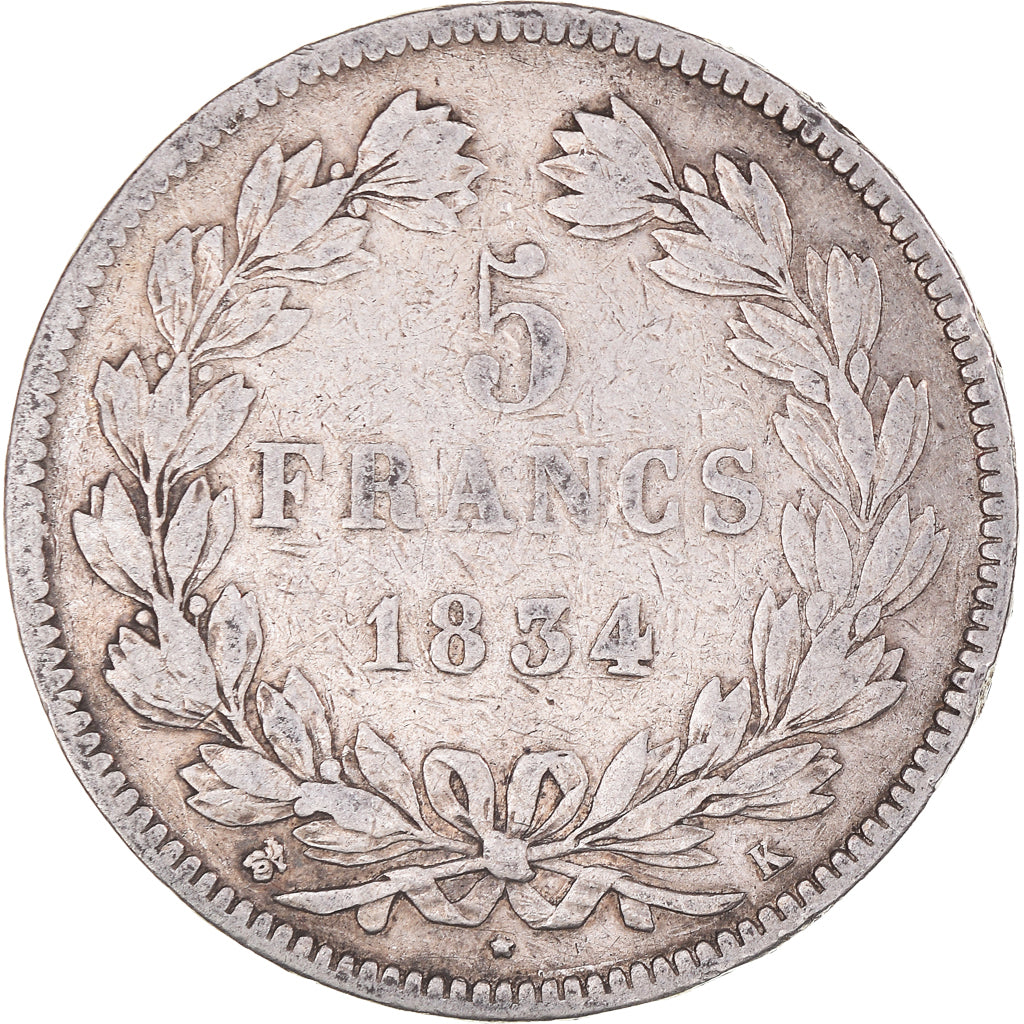 Coin, France, Louis-Philippe, 5 Francs, 1834, Bordeaux, VF(20-25), Silver