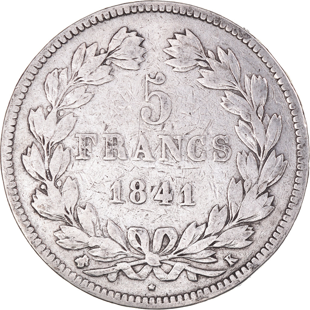 Moeda, França, Louis-Philippe, 5 Francs, 1841, Bordeaux, VF(20-25), Prata