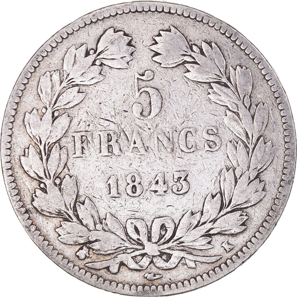 Coin, France, Louis-Philippe, 5 Francs, 1843, Bordeaux, VF(20-25), Silver