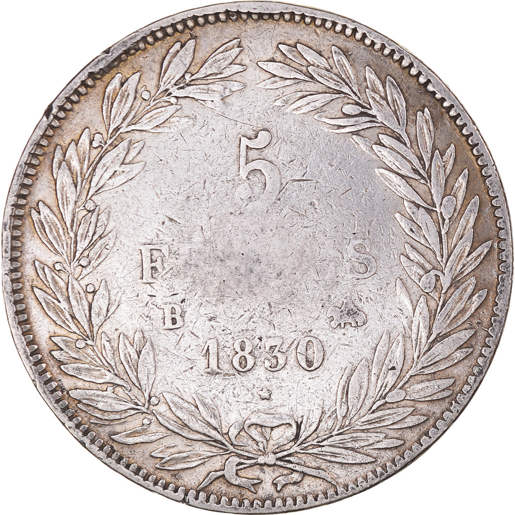 Moneda, Francia, Louis-Philippe, 5 Francs, 1830, Rouen, BC+, Plata, KM:737.2