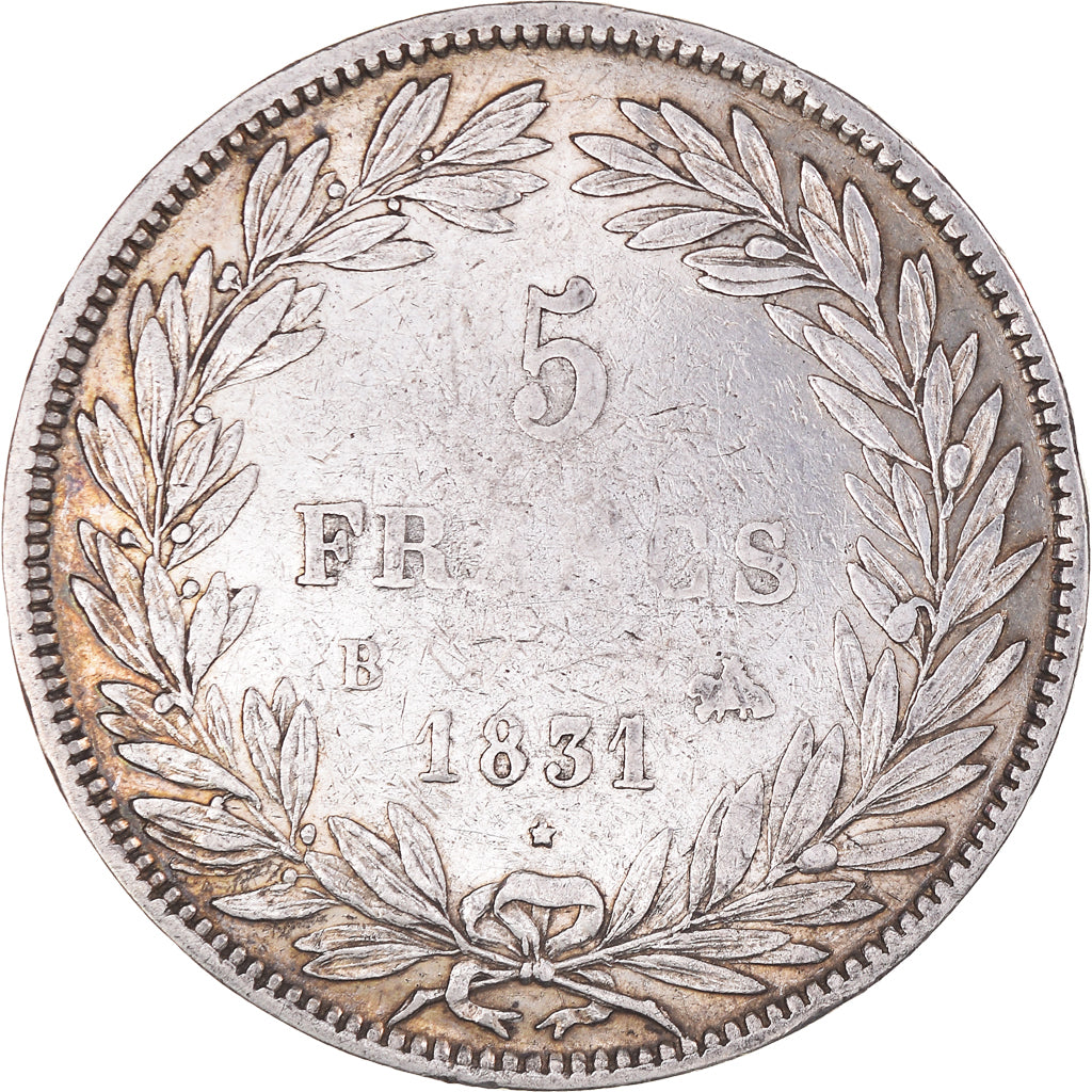 Moneda, Francia, Louis-Philippe, 5 Francs, 1831, Rouen, BC+, Plata, KM:735.2