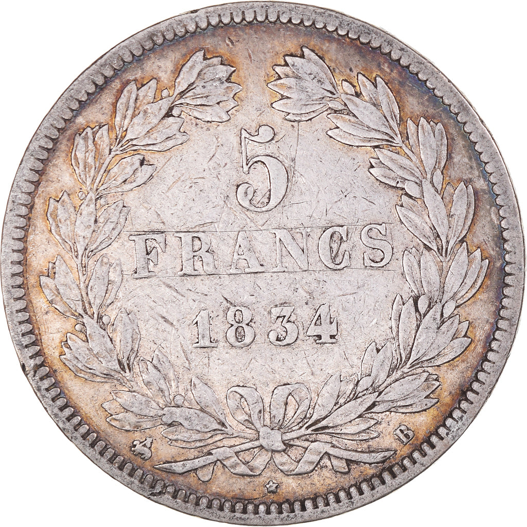 Münze, Frankreich, Louis-Philippe, 5 Francs, 1834, Rouen, S+, Silber, KM:749.2