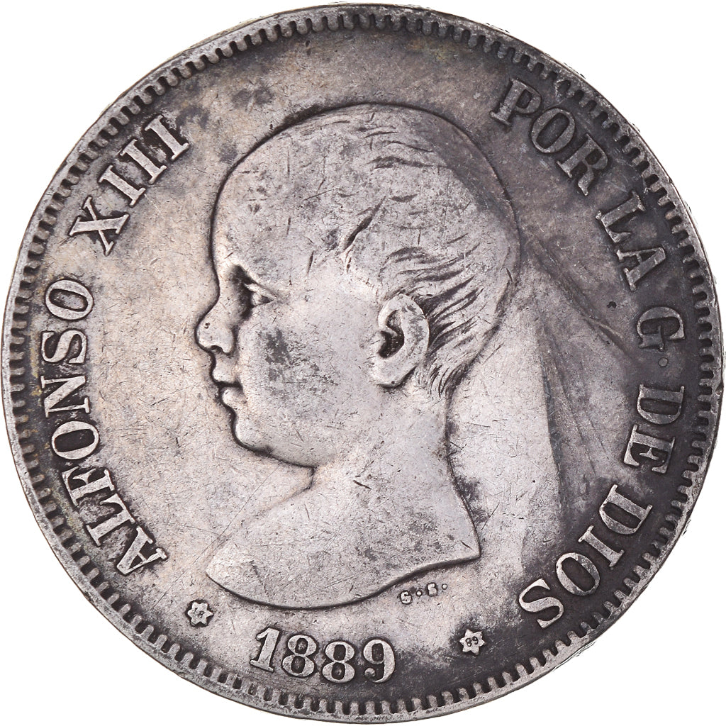 Monnaie, Espagne, Alfonso XIII, 5 Pesetas, 1889, Madrid, TB+, Argent, KM:689