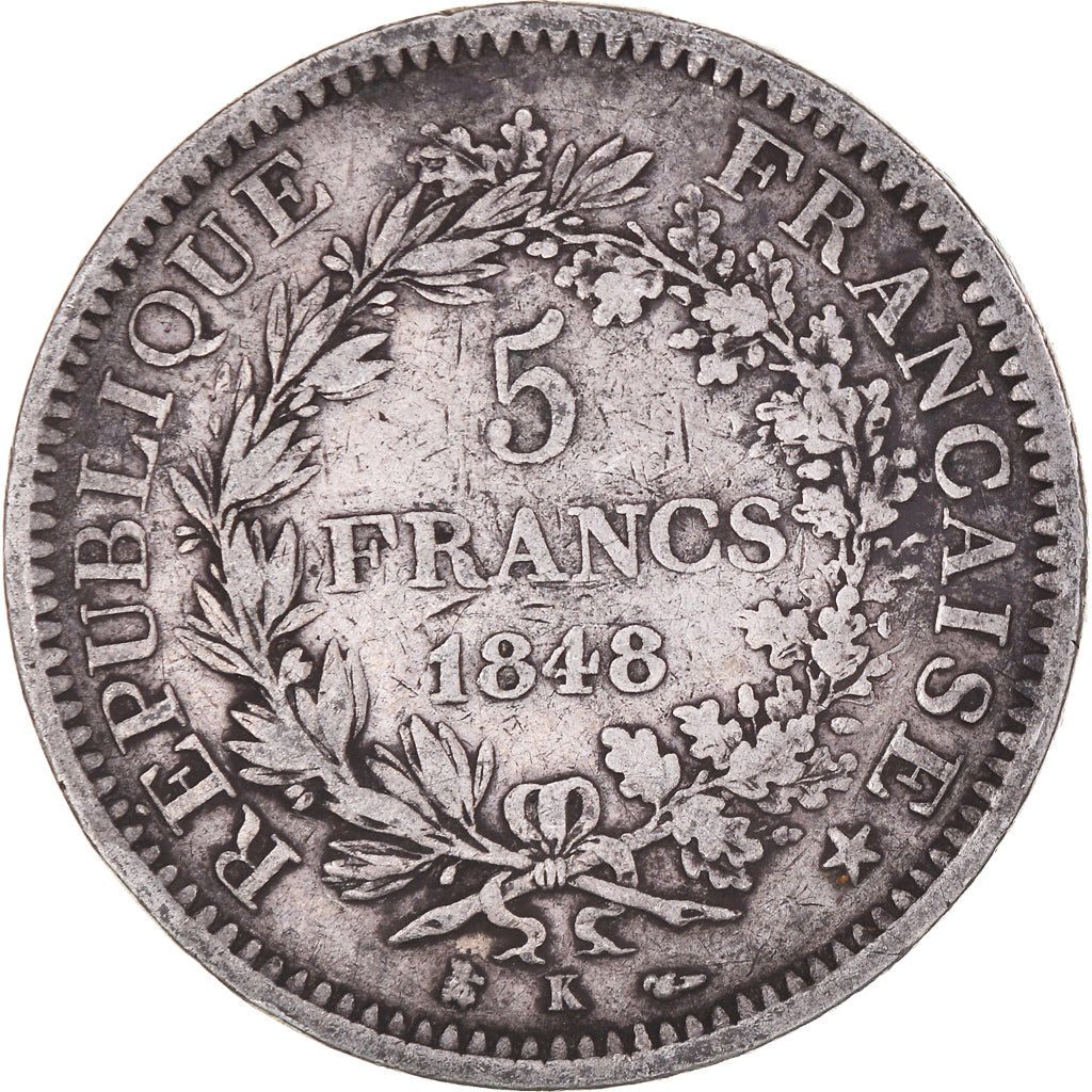 Moneda, Francia, Hercule, 5 Francs, 1848, Bordeaux, BC+, Plata, KM:756.4