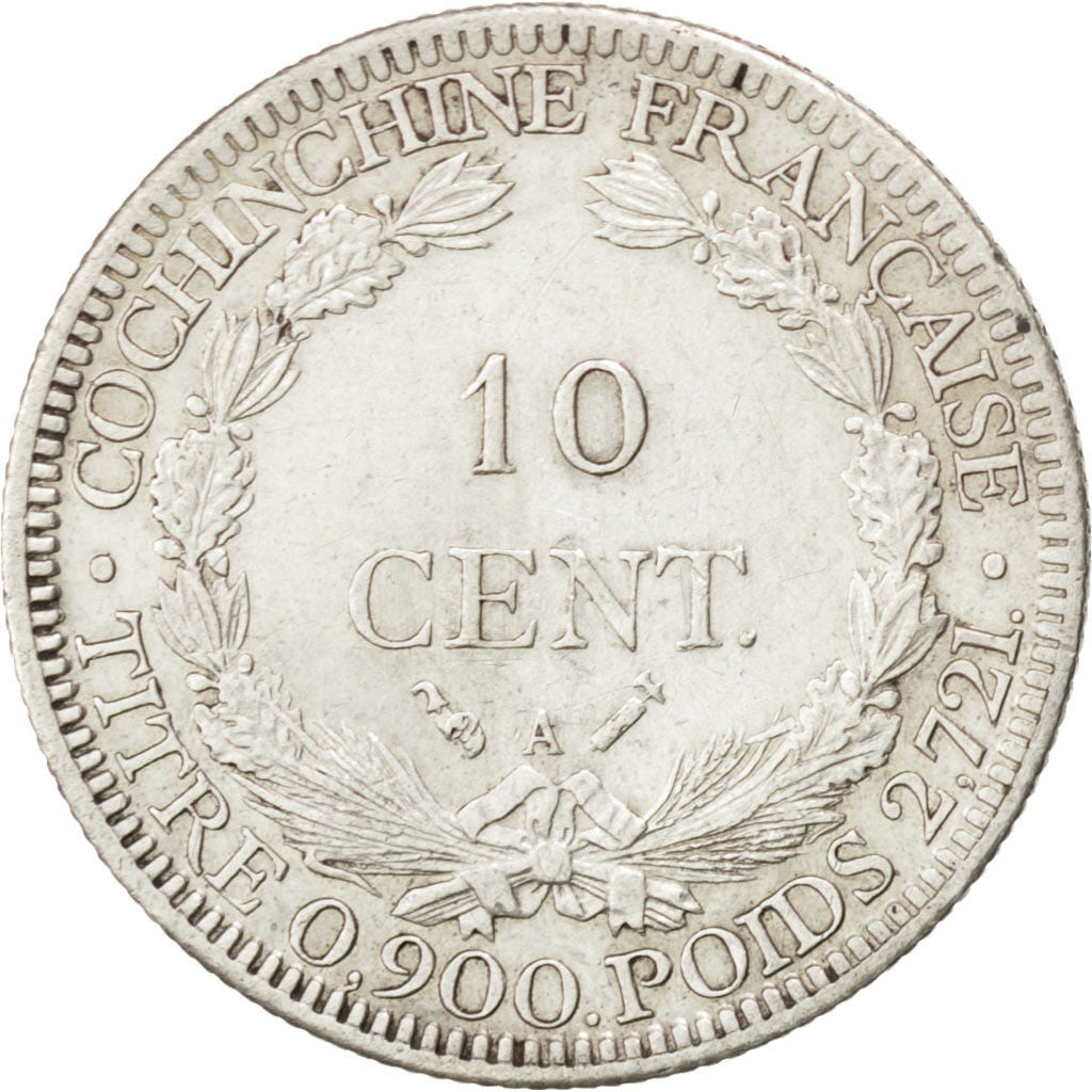 FRENCH COCHIN CHINA, 10 Cents, 1884, Paris, KM #4, AU(55-58), Silver, Lecompte..