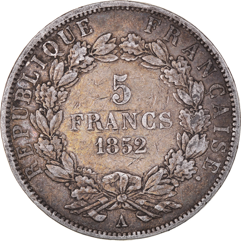 Moneda, Francia, Napoléon III, 5 Francs, 1852, Paris, BC+, Plata, KM:773.1