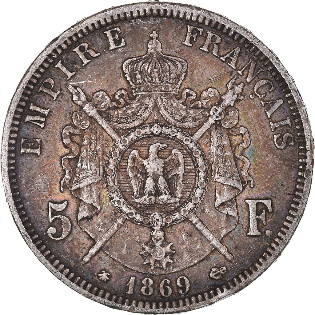 Moneta, Francia, Napoleon III, 5 Francs, 1869, Paris, MB+, Argento, KM:799.1