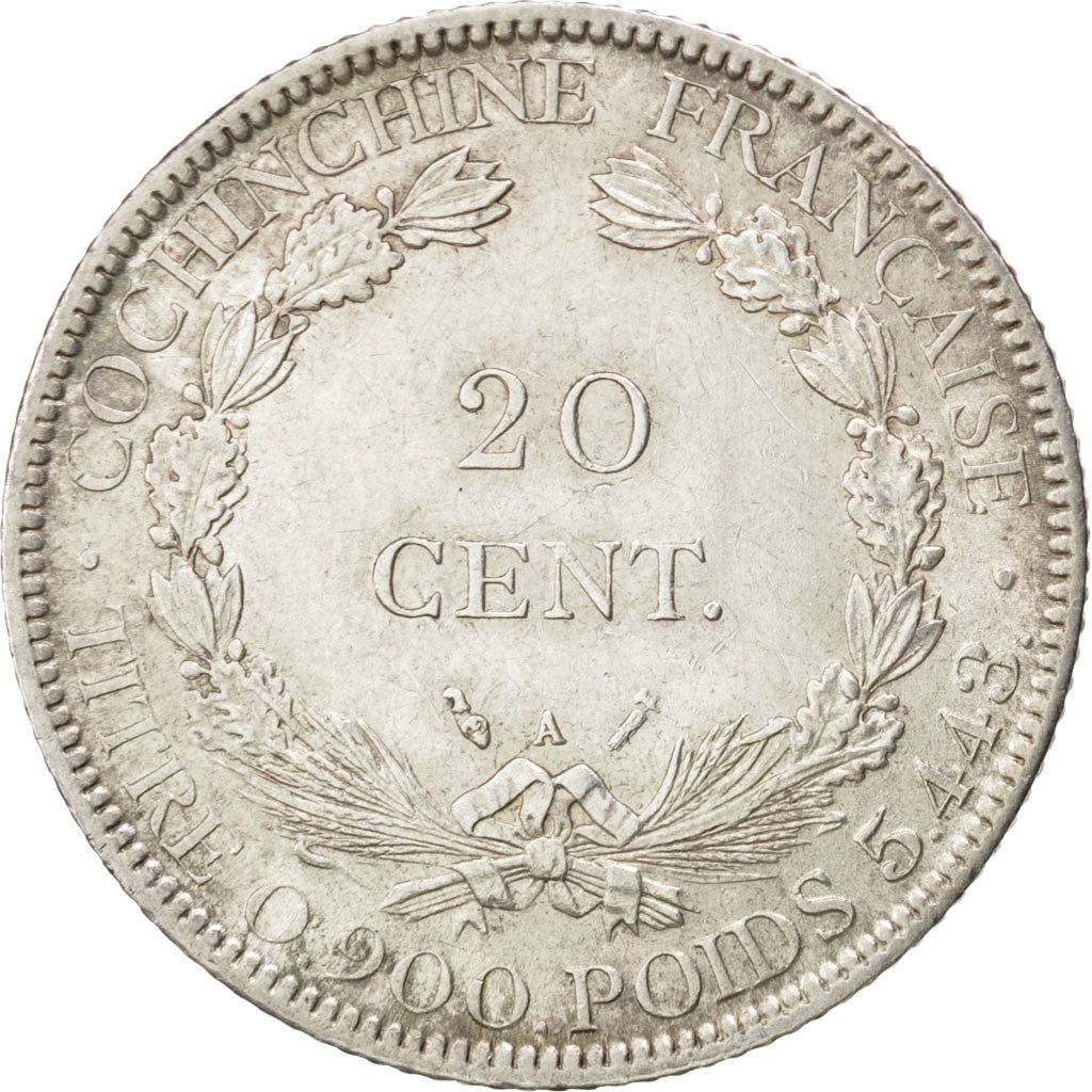FRENCH COCHIN CHINA, 20 Cents, 1884, Paris, KM #5, AU(55-58), Silver, Lecompte..