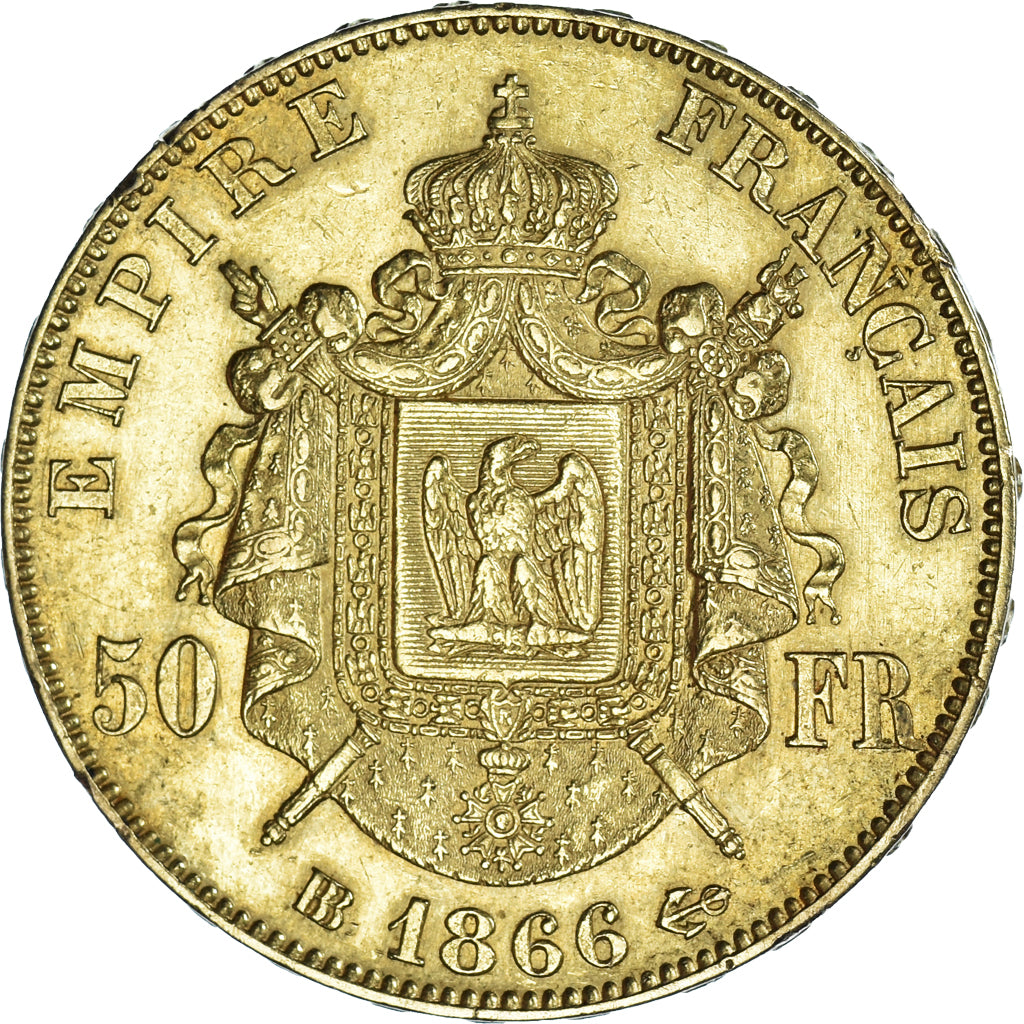 Moneda, Francia, Napoleon III, 50 Francs, 1866, Strasbourg, MBC+, Oro