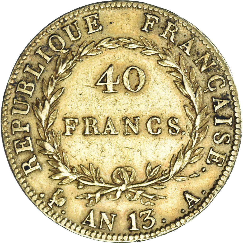 Coin, France, Napoleon I, 40 Francs, AN 13, Paris, VF(30-35), Gold, KM:664.1, Le
