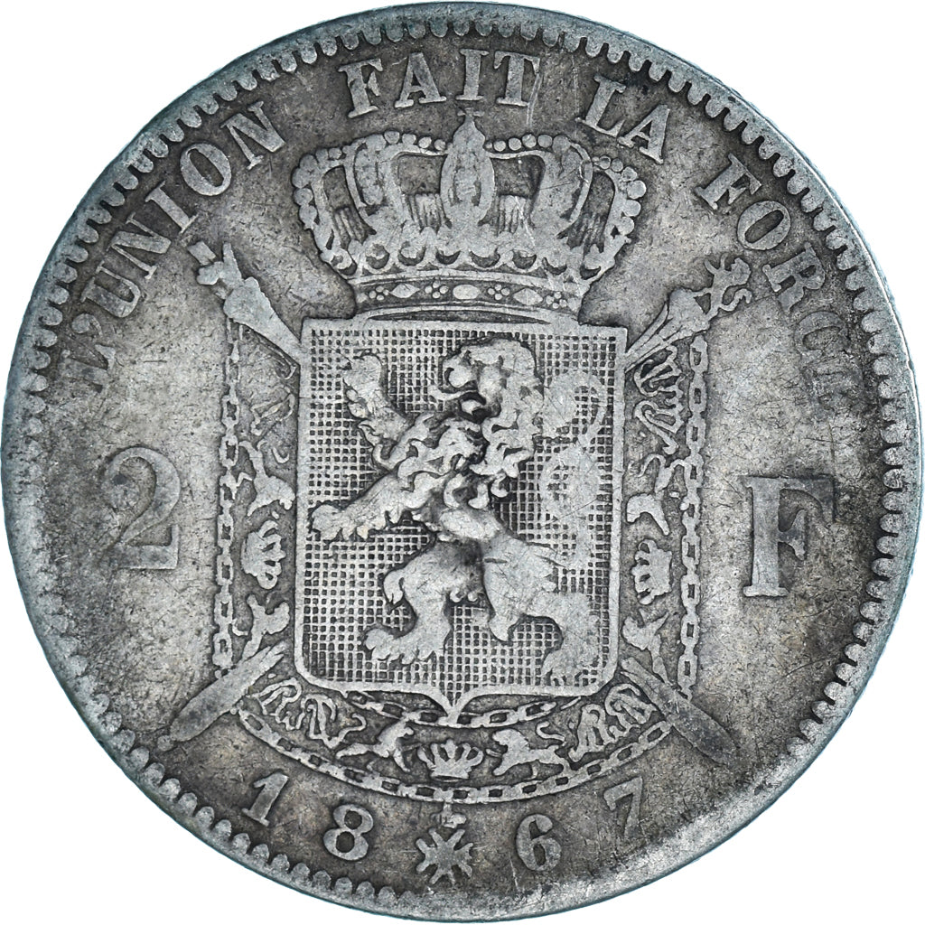 Coin, Belgium, Leopold II, 2 Francs, 2 Frank, 1867, VF(20-25), Silver, KM:30.2